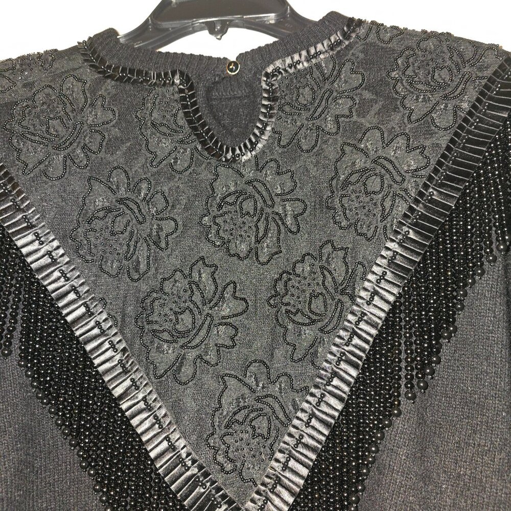 Diane Freis Knits Black Beaded Fringed Embroidered Black Angora & Wool Cutout L - Picture 8 of 17